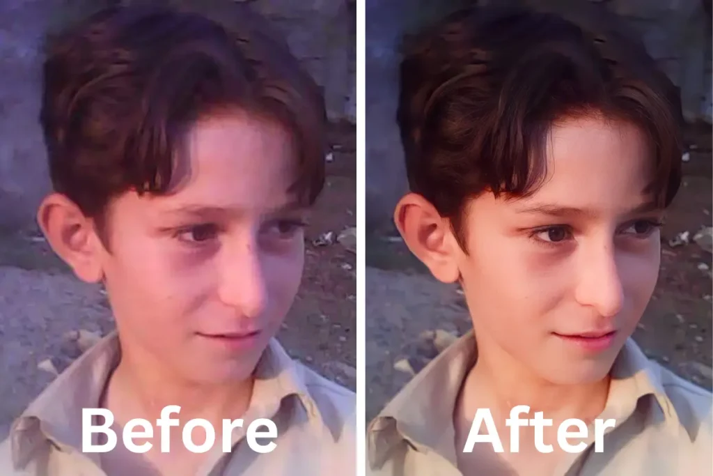 comparison of an image showing a boy before and after improving quality
