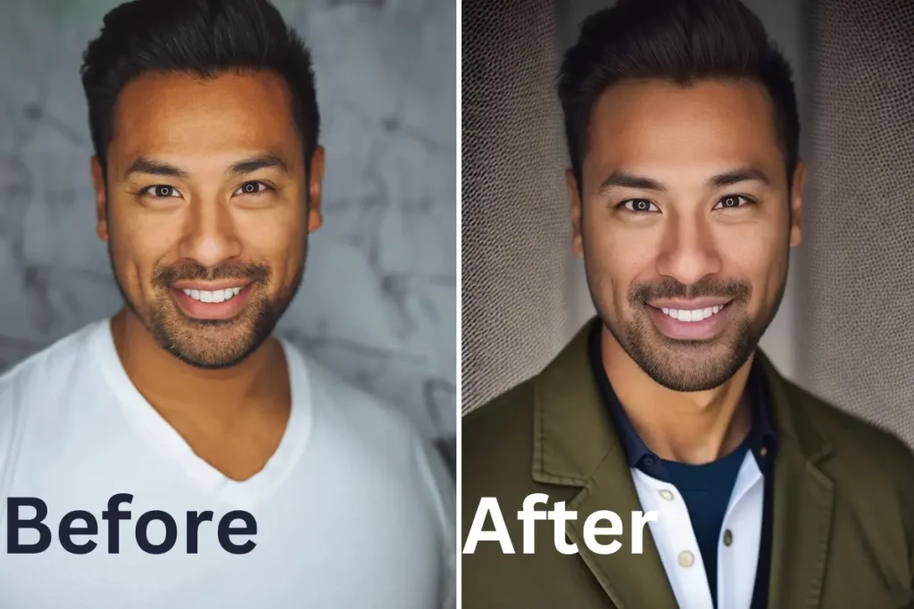 before and after creating a professional headshot from a simple image