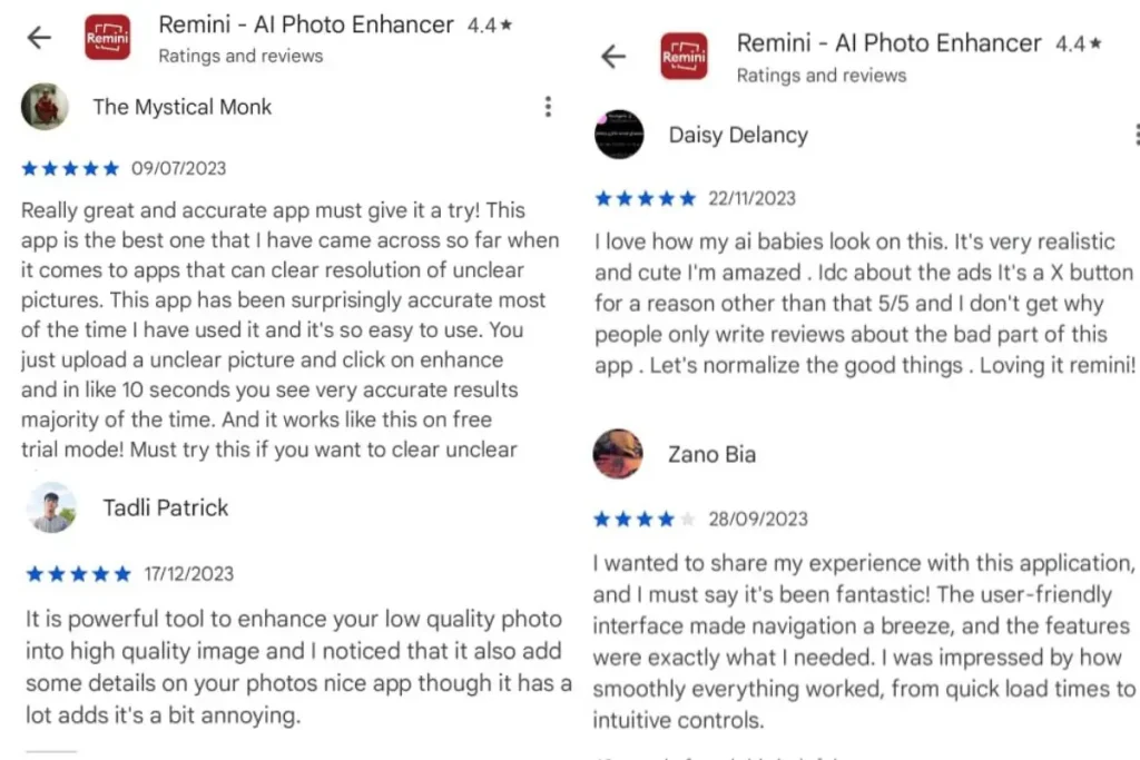 users reviews about remini on Google play store