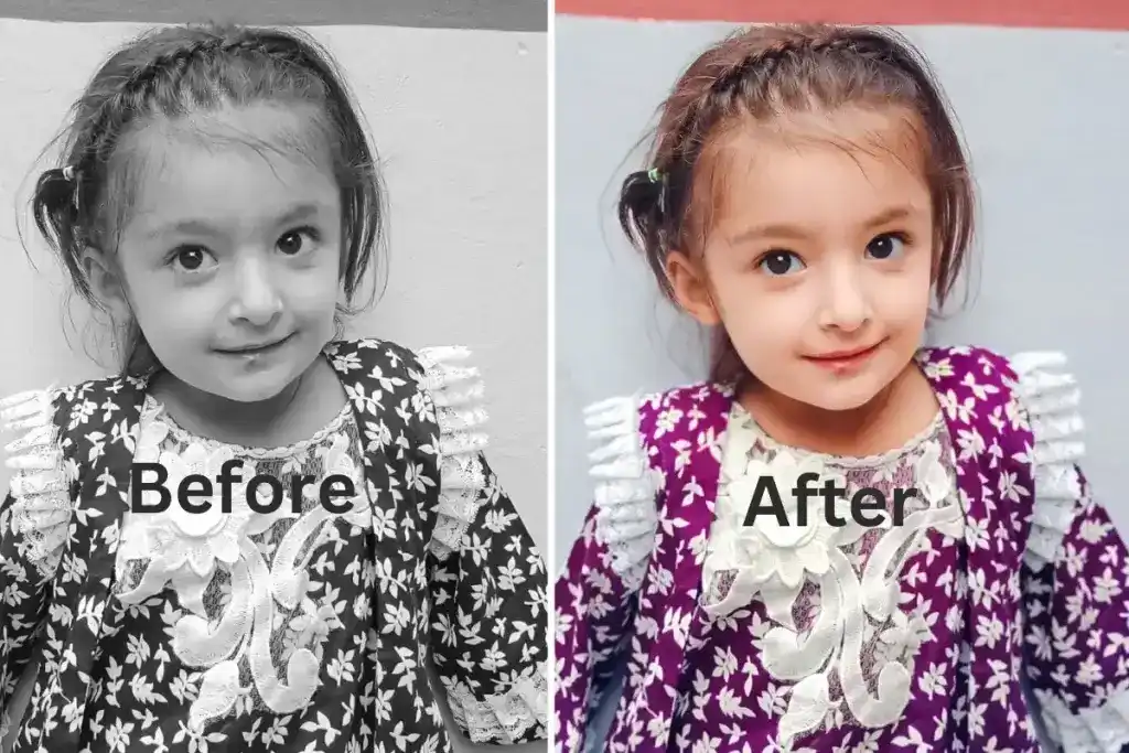 before and after fixing colour and giving glow to an image for a baby girl