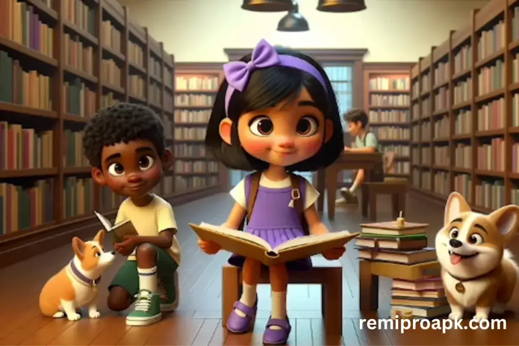 cartoon characters studying in a library art generated by dall-e 3