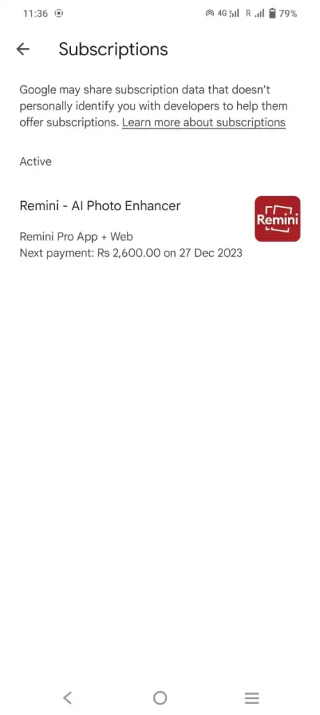 check Remini subscription on Google play store